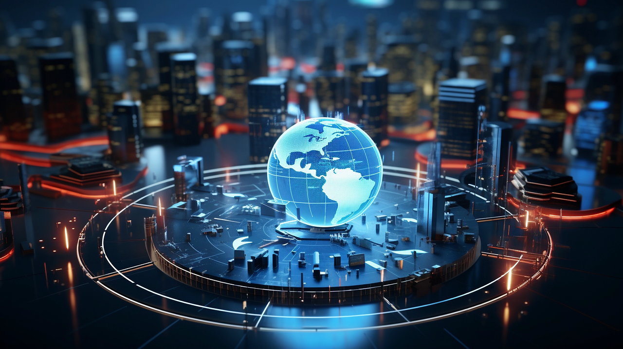 Futuristic global network concept with a digital globe centered among high-tech city infrastructure
