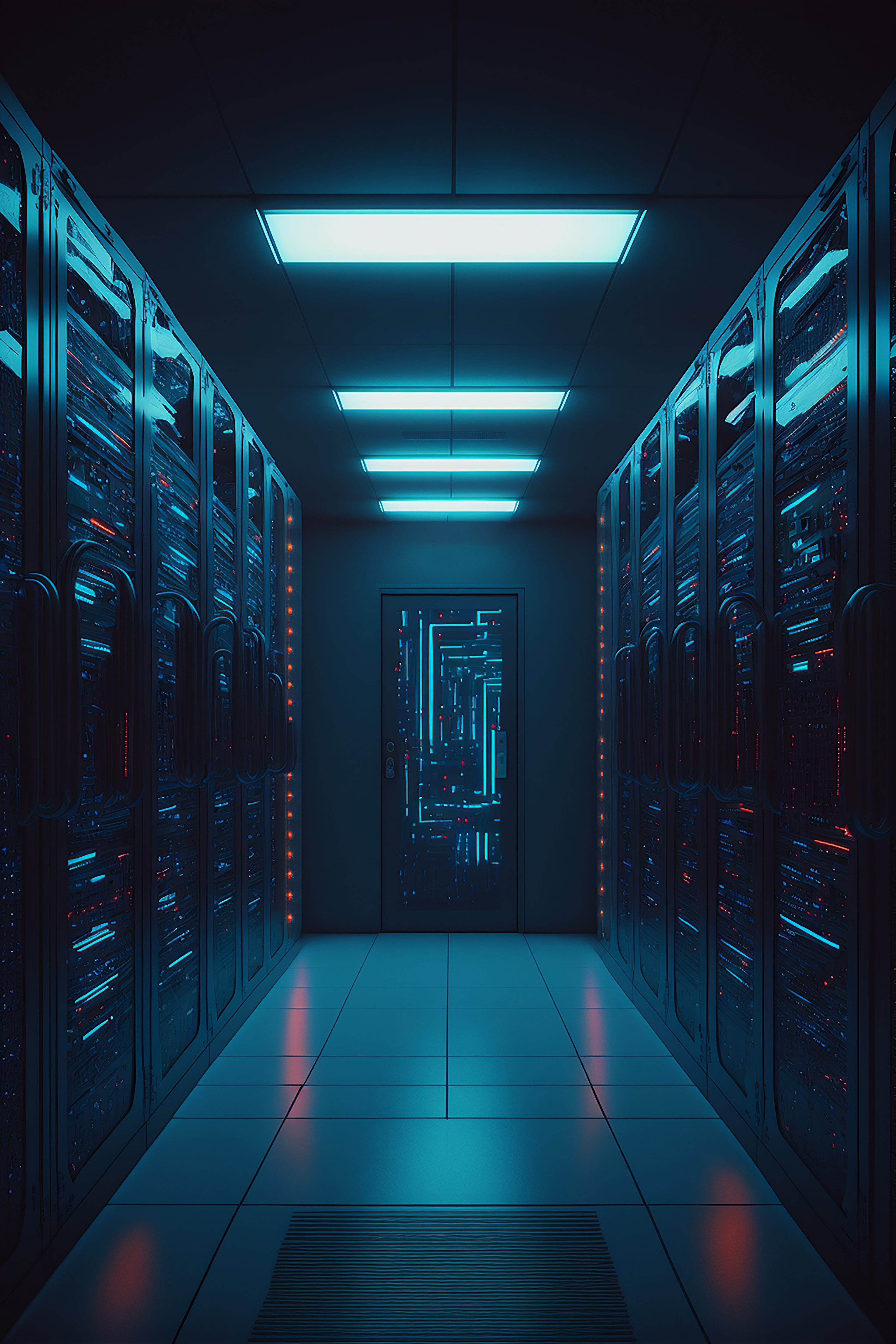Data center interior with rows of server racks under cool blue lighting